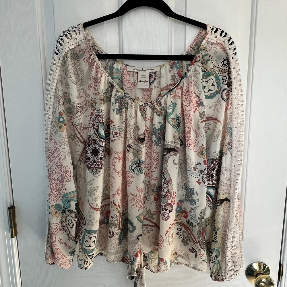 American Rag Cie L Boho Paisley Peasant Crochet Lace Tie Front Blouse LS